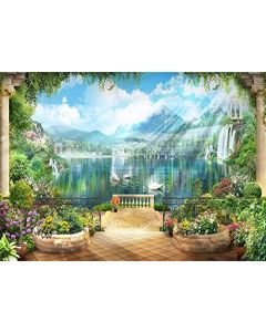 Leowefowa 12x8ft Large Vinyl Photography Backdrop Fantasy Dreamworld Foggy Mountain Lake Goose Balcony Flower Garden Backdrop for Party Film Event Photo Shoot Video Studio Photo Booth Props