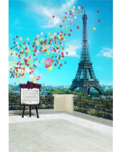 Leowefowa 3x5ft Vinyl Paris Eiffel Tower Backdrop Children Portraits Birthday Banner Travel Theme Wedding Backdrops Colorful Fyling Balloons Blue Sky White Clouds Spring Photography Backgrouds