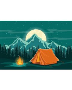 Leowefowa 7x5ft Camp Theme Backdrop for Photography Vinyl Cartoon Peak Full Moon Orange Tent Campfire Forest Background Outdoor Adventure Exploration Trip Holiday Vacation Shoot VBS Themed Banner