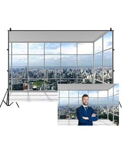 Leowefowa Vinyl 10x7ft Empty Business Office Backdrop Cityscape Aerial View Backgroud for Photography French Sash Window View Background Children Adult Portrait Selfie Props Studio Photo Booth Props