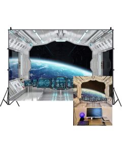 Leowefowa Spaceship Engine Control Room Backdrop5x4ft Vinyl Photography Backgroud Metallic Hallway Module Cabin Backgroud Craft Star Window Galaxy Earth Planet Three-Dimensional View Backdrop
