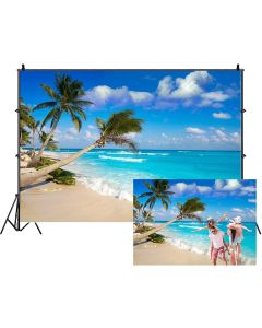 Leowefowa Vinyl 12x8ft Tropical Beach Backdrop Blue Ocean Sea Waves Green Palm Trees Backgrouds Hawaiian Luau Party Banner Summer Fiesta Coasatal Line Landscape Travel Tourism Holiday Studio Prop