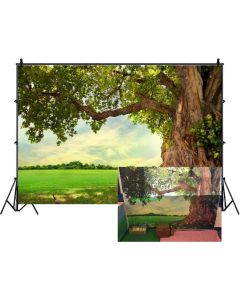Leowefowa 7X5FT Vinyl Nature Spring Backdrop Rural Aged Tree Sunshine Blue Sky White Cloud Grass Field Outdoor Picnic Kids Adults Wedding Party Decoration Photography Background Photo Studio Props