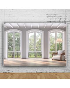 Leowefowa Modern Villa Interior Backdrop 5x3ft Vinyl Lush Woods Arch French Sash Stand Lamp Sofa Rustic Wood Floor Photography Background Video Conference Work at Home Background Wallpaper