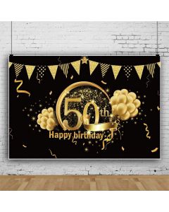 Leowefowa Luxurious 50th Birthday Backdrop 10x7ft Gold Glittering Pennants Balloon Bunches Confetti Black Photography Background Men Women Birthday Party Banner Cake Table Decor Photo Props