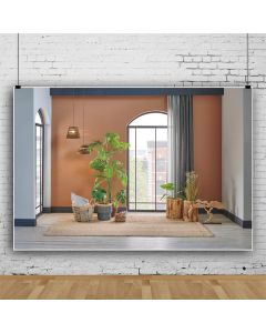 Leowefowa Durable Soft Fabric Wabi-Sabi Style Living Room Backdrop 12x8ft Arch Window Droplights Plants Petate Wood Floor Background for Photo Child Adult Shoot YouTube Video Photo Studio Props